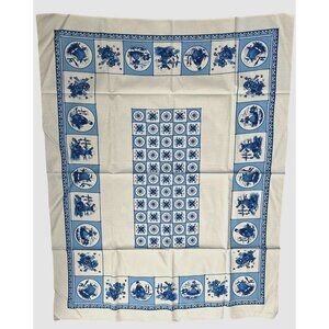 Vintage Dutch Delft Blue Linen Tablecloth Windmill Pastoral Farmhouse 42x53 NWOT
